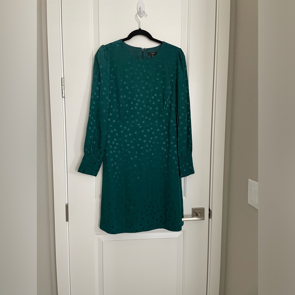J Crew Green Shift Dress Floral Dot Long Sleeve Size 10